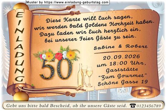 Die Einladung zur Goldenen Hochzeit mit Ihrem Text auf einer Goldpapierrolle