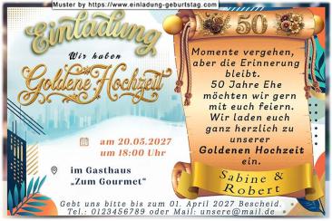 Die originelle Einladung zur Goldenen Hochzeit mit Ihrem Einladungstext auf Goldpapier