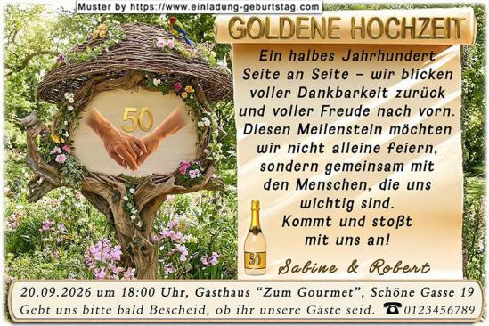 Die Einladung zur Goldenen Hochzeit mit dem Schild Hand in Hand