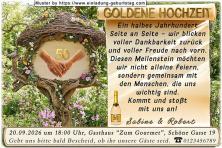 Die Einladung zur Goldenen Hochzeit mit dem Schild Hand in Hand
