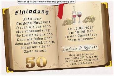 Die originelle Einladung zur Goldenen Hochzeit mit Ihrem Text auf 2 Seiten eines aufgeschlagenen Buches