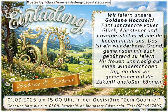 Die Einladung zur Goldenen Hochzeit mit der goldenen Zahl 50