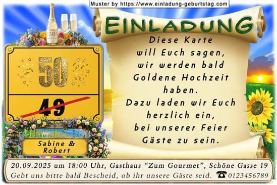 Die Einladung zur Goldenen Hochzeit mit dem gelben Hinweisschild