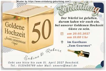Die originelle Einladung zur Goldenen Hochzeit mit dem goldenen Würfel, der die 50, das Wort Goldene Hochzeit und Einladung zeigt