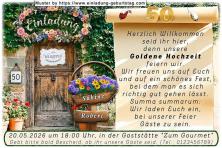 Die Einladung zur Goldenen Hochzeit mit der Haustür und dem Türschild Willkommen