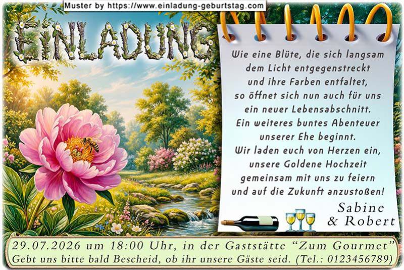 Die Einladung zur Goldenen Hochzeit mit der Biene in einer Blüte