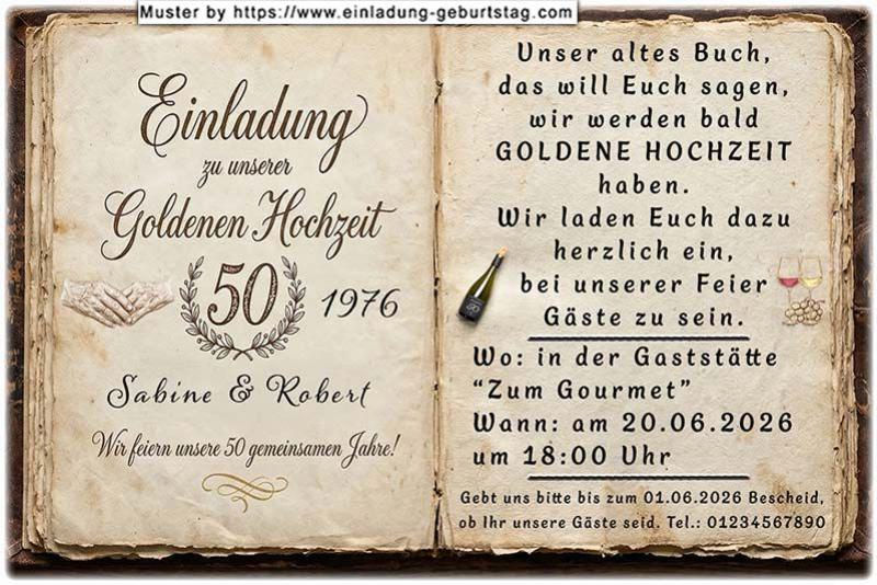 Die Einladung zur Goldenen Hochzeit mit Ihrem Text in einem alten Buch