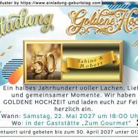 Die originelle Einladung zur Goldenen Hochzeit mit Ihren Namen auf einem Schleifenband, das sich auf einem Goldbarren befindet