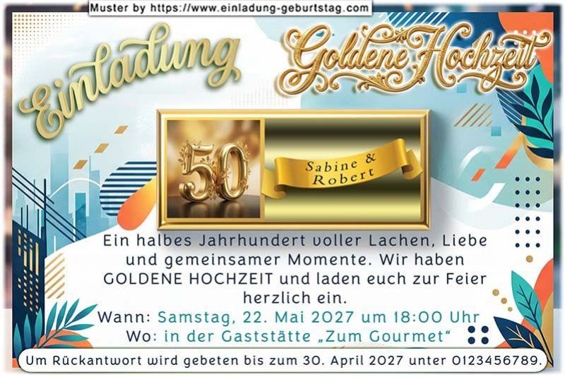 Die originelle Einladung zur Goldenen Hochzeit mit Ihren Namen auf einem Schleifenband, das sich auf einem Goldbarren befindet