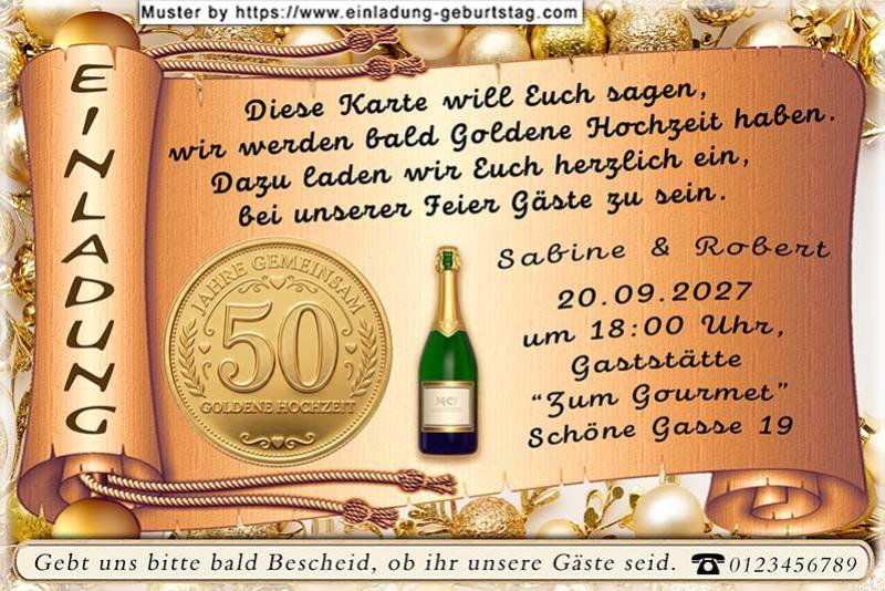 Die originelle Einladung zur Goldenen Hochzeit mit der goldenen Schriftrolle für Ihren Text