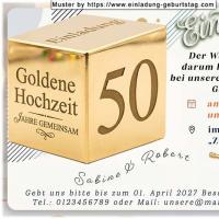 Die originelle Einladung zur Goldenen Hochzeit mit dem goldenen Würfel, der die 50, das Wort Goldene Hochzeit und Einladung zeigt