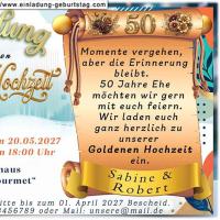 Die originelle Einladung zur Goldenen Hochzeit mit Ihrem Einladungstext auf Goldpapier