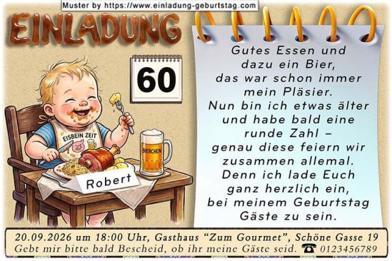 Die lustige Einladung zum Geburtstag - gutes Essen und dazu ein Bier, das war schon immer mein Pläsir. Ein Baby sitzt am Tisch und fühlt sich sichtlich wohl.