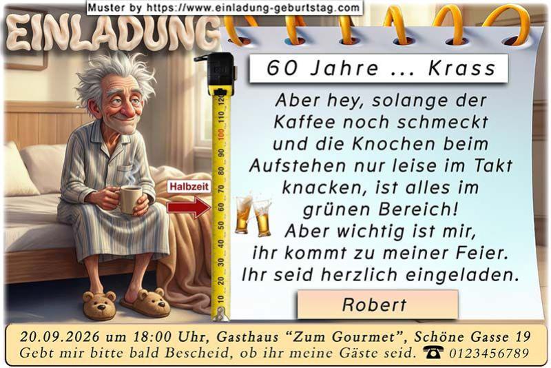 Die lustige Einladung zum Geburtstag – ein nachdenklicher Mann sitzt auf der Bettkante und denkt über sein Alter nach. Ein Pfeil an einem Bandmaß zeigt es an.