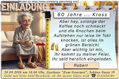 lustige Einladung Geburtstag – der grübelnde Mann auf der Bettkante plant seine Feier
