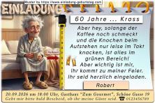 Die lustige Einladung zum Geburtstag – ein nachdenklicher Mann sitzt auf der Bettkante und denkt über sein Alter nach. Ein Pfeil an einem Bandmaß zeigt es an.