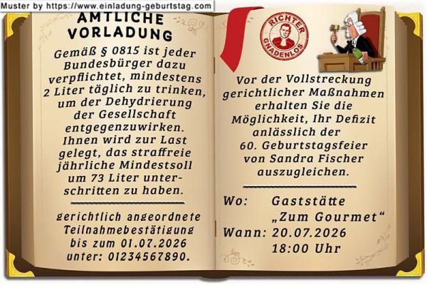 lustige Einladung Geburtstag – die amtliche Vorladung von Richter Gnadenlos zu Ihrer Feier