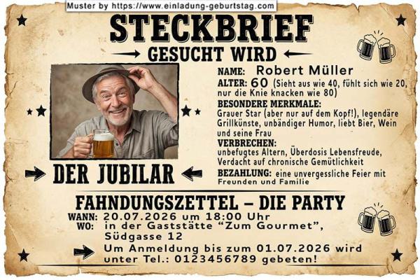 lustige Einladung Geburtstag – gesucht wird – Ihr Foto auf einem Steckbrief als Einladung