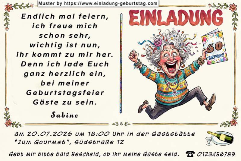 lustige Einladung Geburtstag – die lebenslustige Frau freut sich auf Ihre Feier und die Gäste