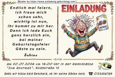 lustige Einladung Geburtstag – die lebenslustige Frau freut sich auf Ihre Feier und die Gäste