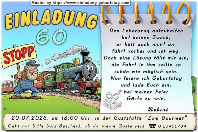 Die lustige Einladung zum Geburtstag – ein Mann mit einem Stoppschild in der Hand versucht vergeblich den Zug des Lebens aufzuhalten.