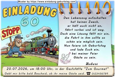 lustige Einladung Geburtstag – der Mann mit dem Stoppschild vor einem Lebenszug