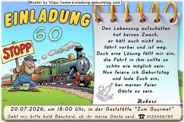lustige Einladung Geburtstag – der Mann mit dem Stoppschild vor einem Lebenszug