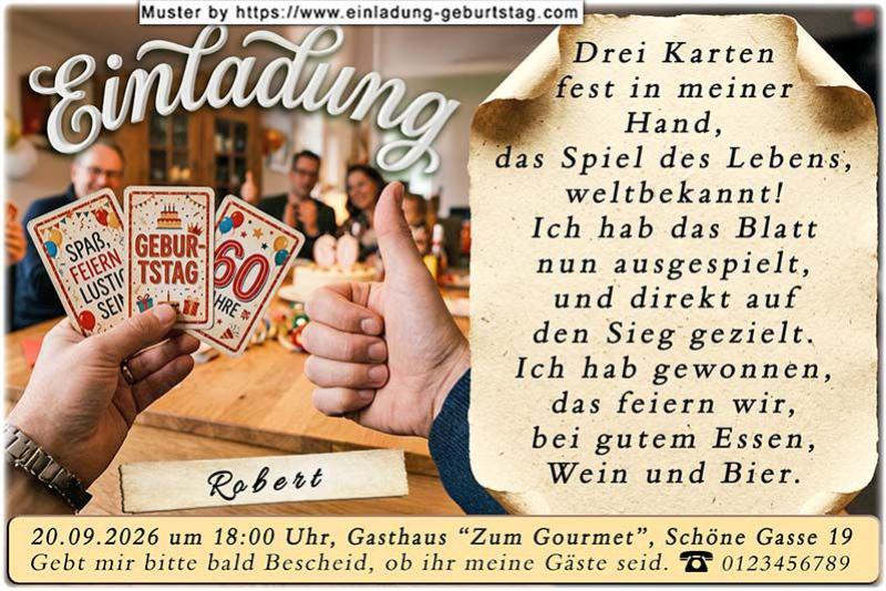 Die lustige Einladung zum Geburtstag mit einem Kartenspiel – 3 Karten in einer Hand. Auf einer Spielkarte befindet sich Ihr Alter.