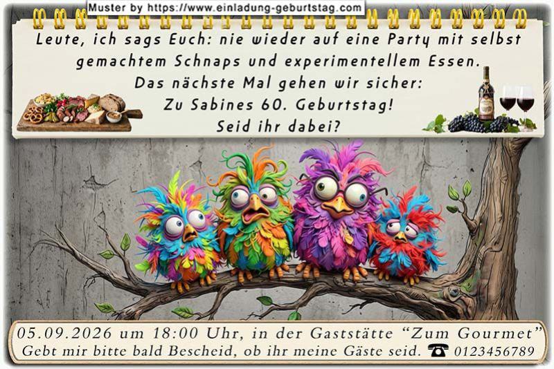 Die lustige Einladung zum Geburtstag mit den witzigen Vögeln nebeneinander sitzend. Die letzte Party war nicht so toll, aber die nächste wird super.