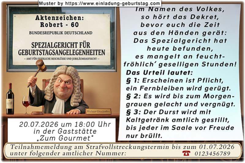 Die lustige Einladung zum Geburtstag - das Spezialgericht für Geburtstagsangelegenheiten unter dem Vorsitz von Richter Gnadenlos hat sein Urteil gesprochen.