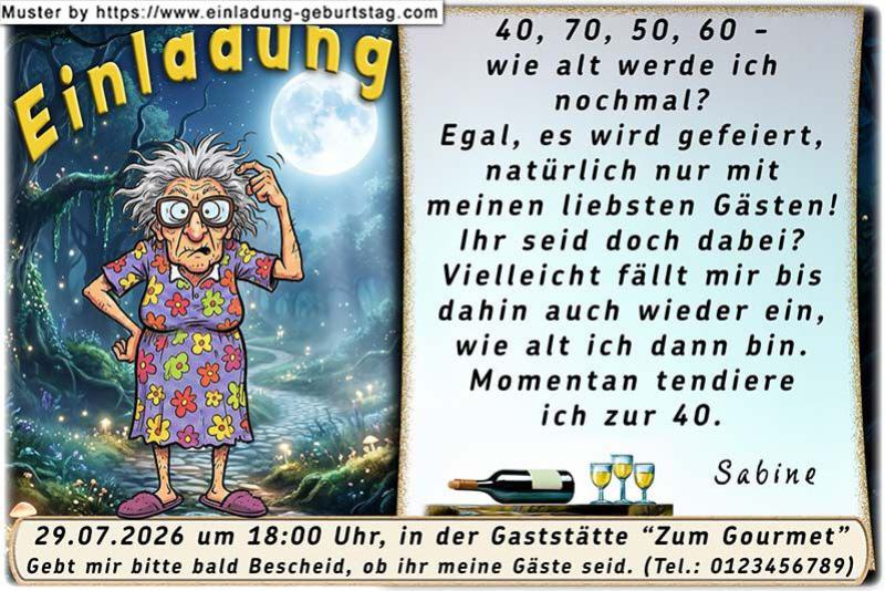 lustige Einladung Geburtstag – die vergessliche Frau – wie alt werde ich nochmal