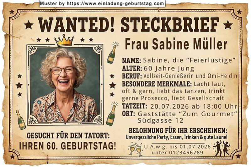 Die lustige Einladung zum Geburtstag - ein Steckbrief mit Ihrem Foto und Ihren Angaben als Einladung zum Geburtstag! Besondere Merkmale…