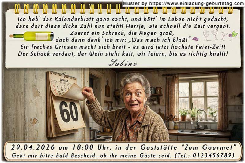 lustige Einladung Geburtstag – die Frau vor einem Wandkalender mit Ihrem Alter