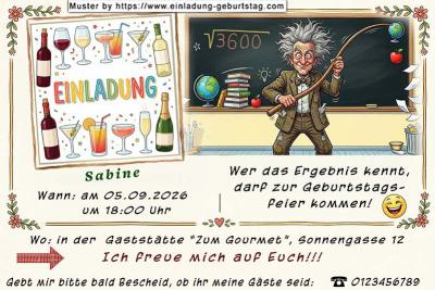lustige Einladung Geburtstag – der Lehrer vor einer Tafel mit einer besonderen Rechenaufgabe