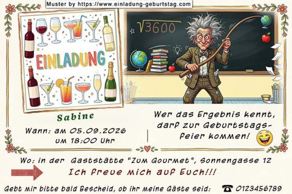lustige Einladung Geburtstag – der Lehrer vor einer Tafel mit einer besonderen Rechenaufgabe