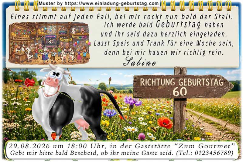 Die lustige Einladung zum Geburtstag - hier rockt bald der Stall - eine lustige Kuh mit einer Rose im Maul ladet ihre Gäste zur Geburtstagsfeier ein.
