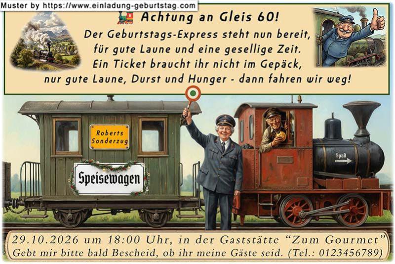 Die lustige Einladung zum Geburtstag - Ihr Geburtstagsexpress steht am Bahnsteig zur Abfahrt bereit. Die Schaffnerin hebt die Kelle und Sie fordern Ihre Gäste zum Einsteigen auf.