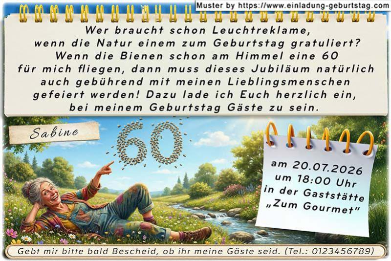 Die lustige Einladung zum Geburtstag - eine Frau liegt entspannt auf einer Wiese und zeigt nach oben. Über Ihr formt ein Schwarm Bienen Ihr Alter.