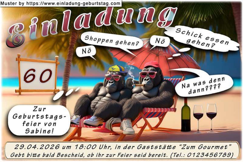 Die lustige Einladung zum Geburtstag - Zwei Gorillas beim Relaxen im Liegestuhl beraten entspannt, wohin es demnächst geht: natürlich dahin, wo es am schönsten ist.