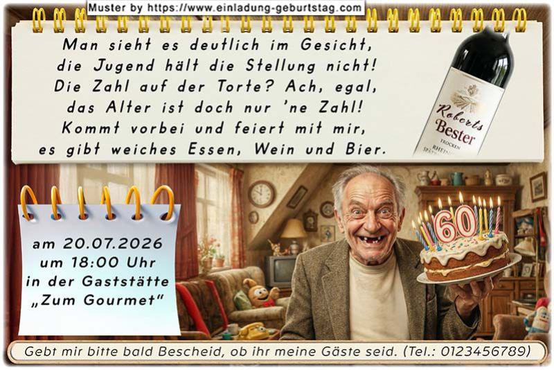 Die lustige Einladung zum Geburtstag mit dem strahlenden, vom Leben gezeichneten Mann, der eine Geburtstagstorte mit seinem Alter darauf in der Hand hält.