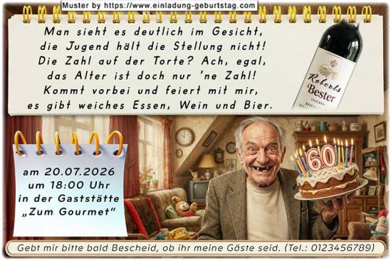 Die lustige Einladung zum Geburtstag mit dem strahlenden, vom Leben gezeichneten Mann, der eine Geburtstagstorte mit seinem Alter darauf in der Hand hält.