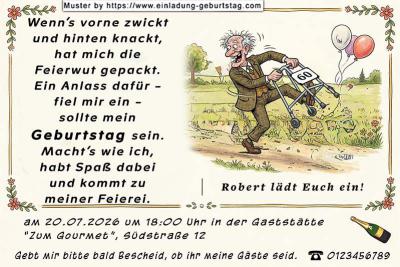 lustige Einladung Geburtstag – der tanzende Mann am Rollator freut sich auf seine Gäste