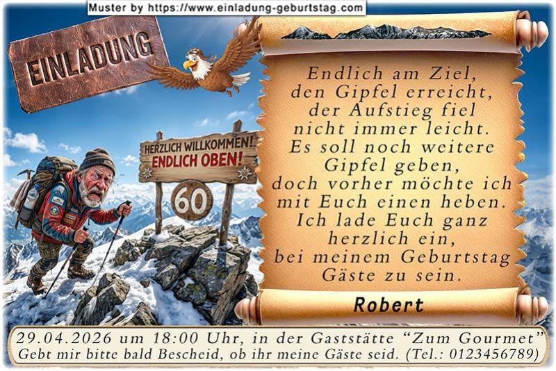 Die lustige Einladung zum Geburtstag - ein tapferer Bergsteiger am Ziel - auf dem Gipfel eines Berges befindet sich Ihr Alter (jedes beliebige).