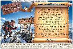 lustige Einladung Geburtstag – der Bergsteiger am Gipfel, darauf steht sein Alter