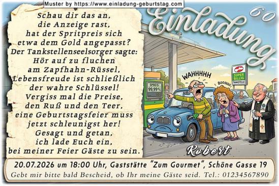 Die lustige Einladung zum Geburtstag - Einmal voll tanken an der Tankstelle treibt einem die Tränen in die Augen. Der Tankstellenseelsorger hilft.