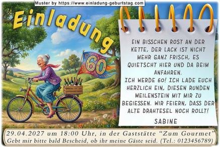 Witzige Einladung zum Geburtstag – Frau auf Fahrrad im Park mit Alters-Fähnchen