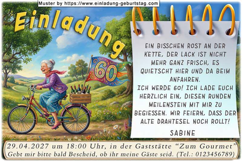Witzige Einladung zum Geburtstag – Frau auf Fahrrad im Park mit Alters-Fähnchen