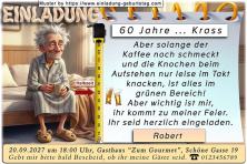 Die lustige Einladung zum Geburtstag mit dem Mann, der auf der Bettkante sitzt und seine Feier plant.