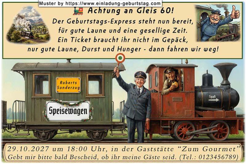 Die lustige Einladung zum Geburtstag mit dem Sonderzug zu Ihrer Feier.
