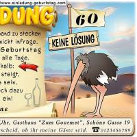 Lustige Einladungskarte zum Geburtstag mit Cartoon eines Vogel Strauß, der den Kopf in den Sand steckt